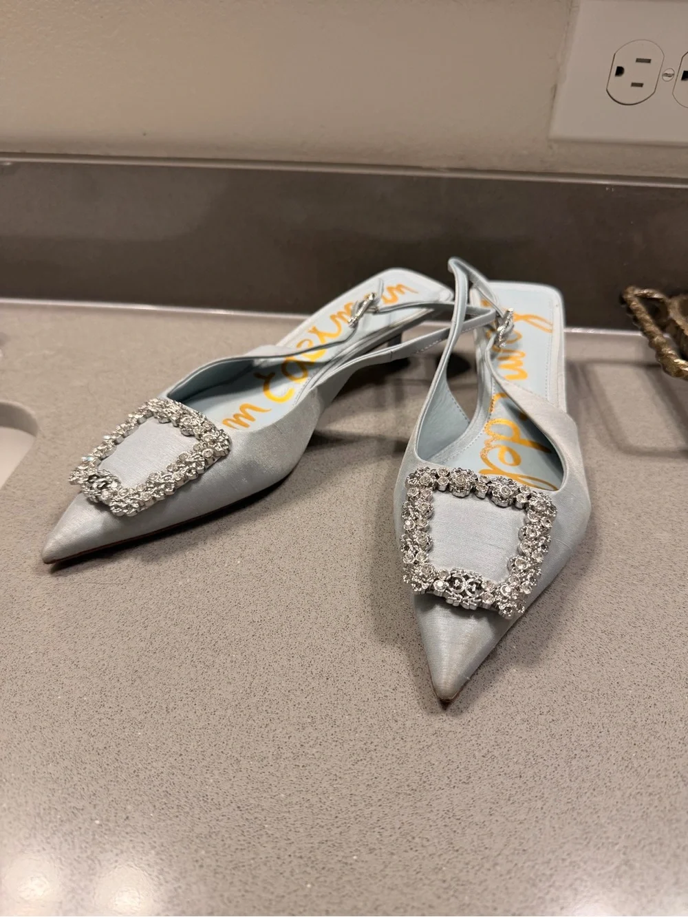 Sam Edelman Silver Satin Pointed Slingback Flats with Crystal Buckle